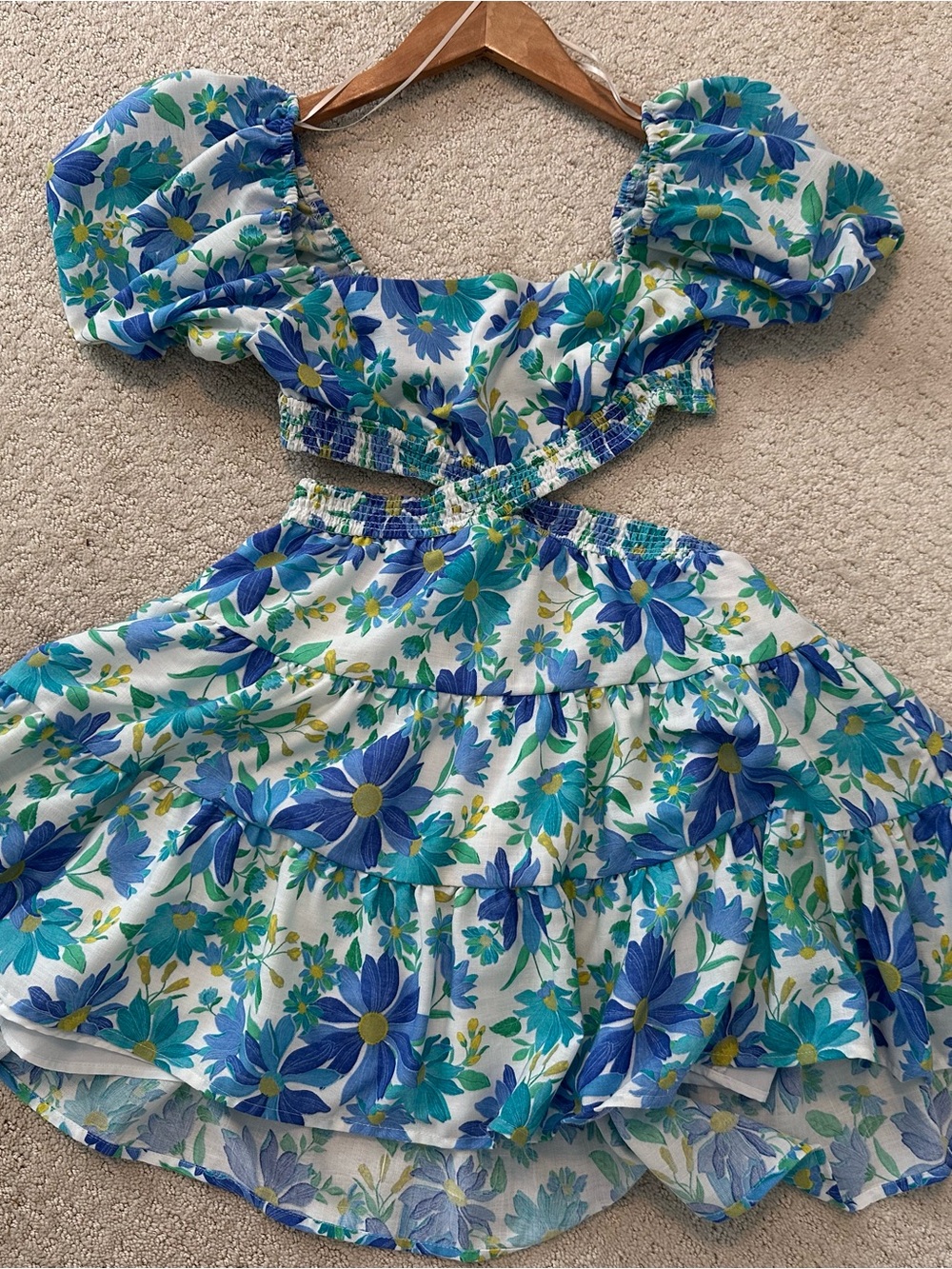 Altar'd State Floral Puff-Sleeve Cutout Dress - Blue, Teal & Yellow; size small